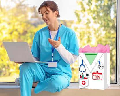 WhatSign RN Graduation Gifts Bag - for Nurse Graduation with Handle 11.5" Nursing School Gifts Bag with Tissue Paper Nurse Week RN Gift for New Nurses Medical School Party Favor