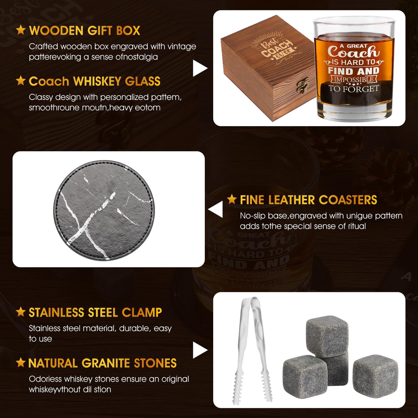 Whiskey Glass Gifts for Coaches, Best Coach Gift for Men, Thank You Gifts for Coaches with 12oz Whiskey Glasses, Stones, Coaster, Wooden Box for Baseball, Softball, Soccer, Basketball Coach