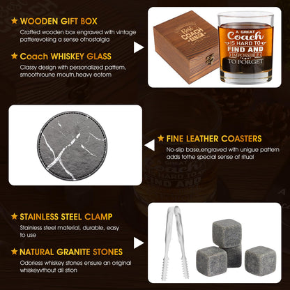 Whiskey Glass Gifts for Coaches, Best Coach Gift for Men, Thank You Gifts for Coaches with 12oz Whiskey Glasses, Stones, Coaster, Wooden Box for Baseball, Softball, Soccer, Basketball Coach