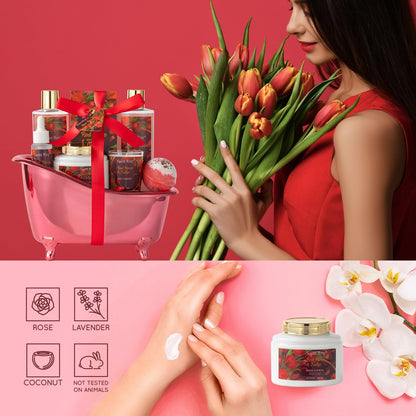Spa Gift Basket Gifts for Women, spa kit Gifts for Her Mother's Day Bath Spa Gift Set Red Rose & Tulip Spa Basket Kits for Women, Bath & Body Set, Self Care Pamper Kit, Self-care baskets Mother Gift