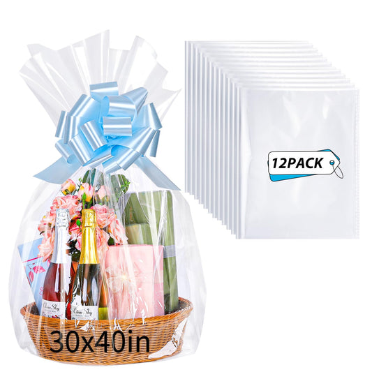 woric 12PCS Large Cellophane Bags 30x40 Inch Clear Cello Gift Bags Cellophane Wrap for Gift Baskets Graduation Gifts Decorations Candy Baby Bridal Shower Wedding Party favor Birthday