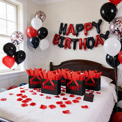 5 Senses Gift Bags for Him with Labels, 9"x4"x7" Gift Bag Tissue Paper Bow Ribbon Happy Birthday Decorations Kit with Banner, Balloons, Rose Petals, Card for Men, Women, Wedding, Valentine's Day