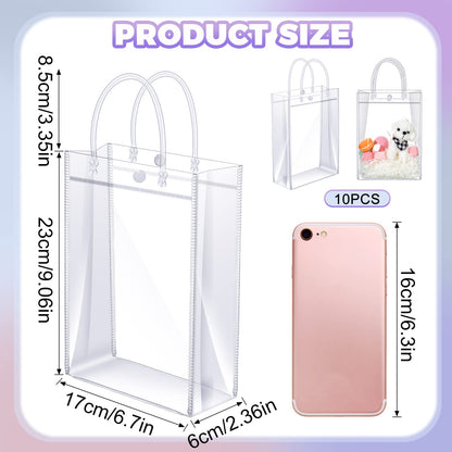 Saintrygo Clear PVC Gift Bags with Handles Reusable Plastic Wrap Tote Transparent Shopping Bags for Christmas Party Favors Weddings Merchandise Retail Small Business, 9 x 6.7 x 2.6 Inches(100 Pieces)