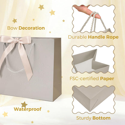 MESHA Gift Bags Set with handles and Bow Ribbon, 2 Greeting Cards and 1 Matching Envelope with 4 Tissue Paper ,1Pcs Champagne Luxury Portable Paper Gift Bag for Baby Shower Birthday Party Favor Wedding Graduation Mother's Father's Day