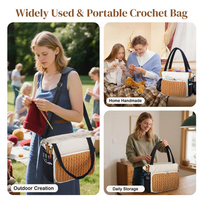 DALINDA Crochet Bag Organizer,Yarn Bag and Tote- Yarn Storage with Multiple Pockets for Crochet Supplies, Knitting Bag for Gifts,Portable & Durable(Brown)
