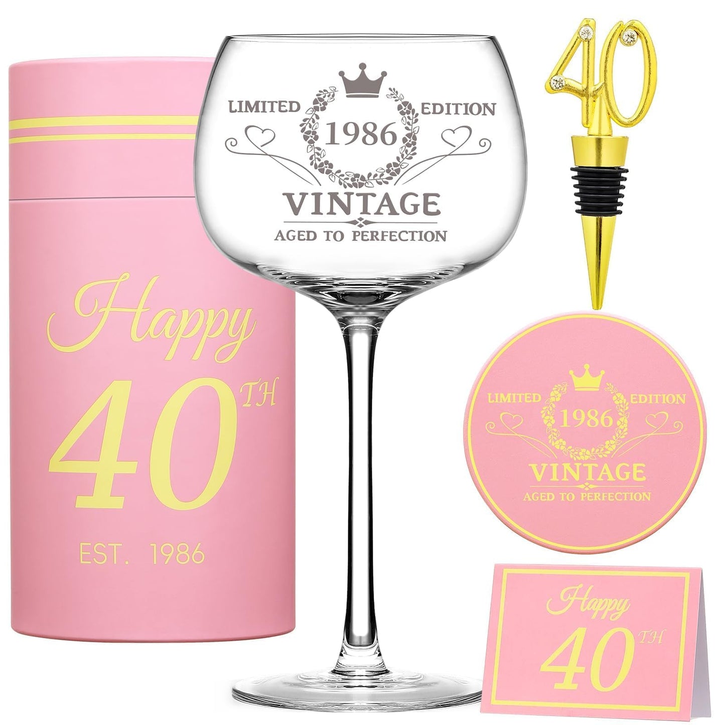 40th Birthday Gifts for Her - Limited Edition Wine Glass Gift Box Set - Unique 40th Bday Gifts Ideas for Women, Friends, Sister, Mom, Wife, Daughter - 40 Years Old Gift, Party Decorations Supplies