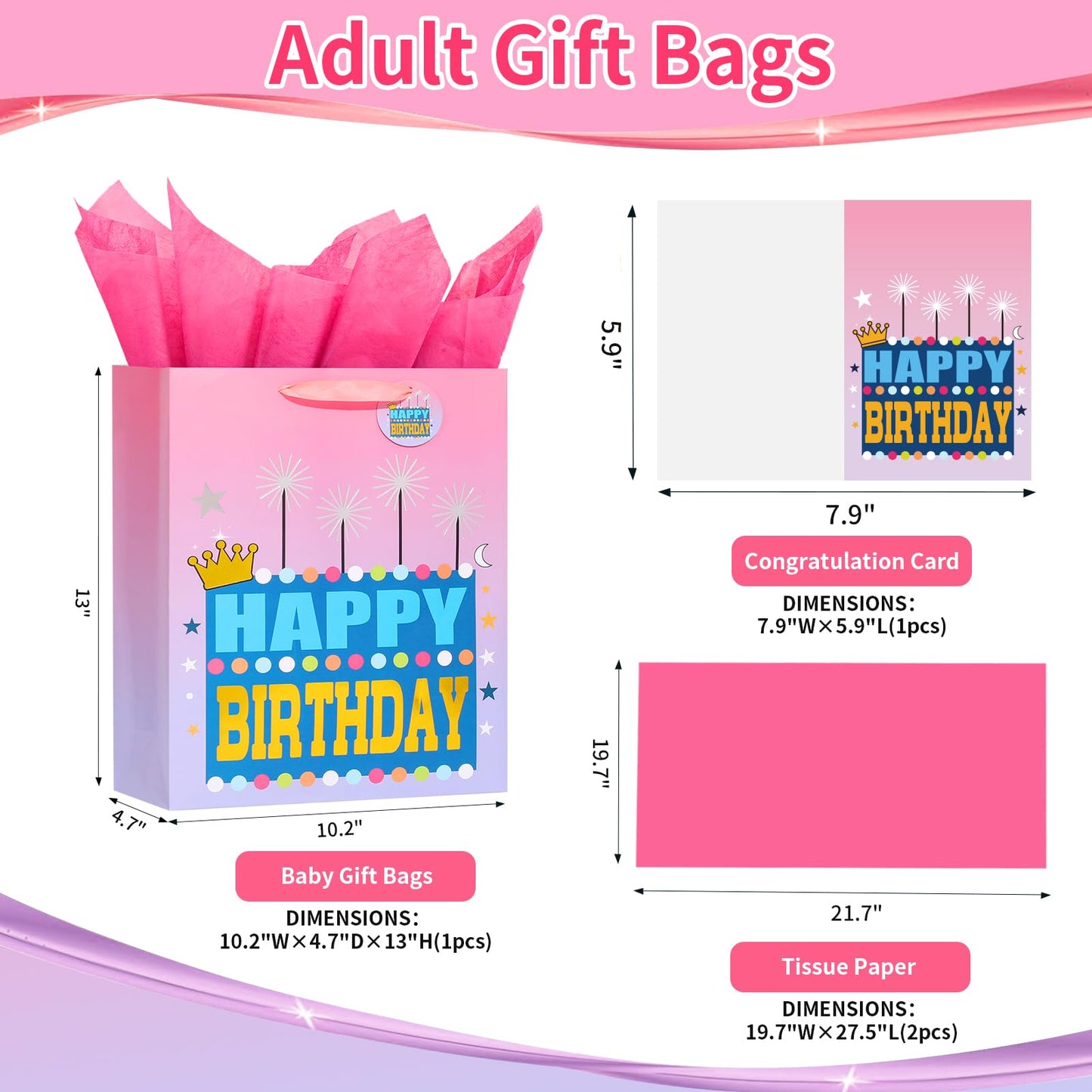Powbrace 13" Pink Happy Birthday Bag with Tissue Paper and Greeting Card for Party, Happy Birthday Gift Bag for Girls, Kids, Women,Gift Bags Medium size(1 PCS Pink, Gift Bag)