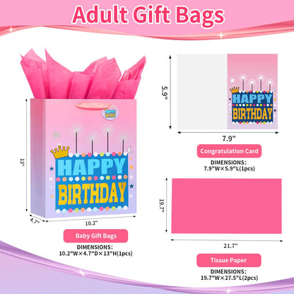 Powbrace 13" Pink Happy Birthday Bag with Tissue Paper and Greeting Card for Party, Happy Birthday Gift Bag for Girls, Kids, Women,Gift Bags Medium size(1 PCS Pink, Gift Bag)