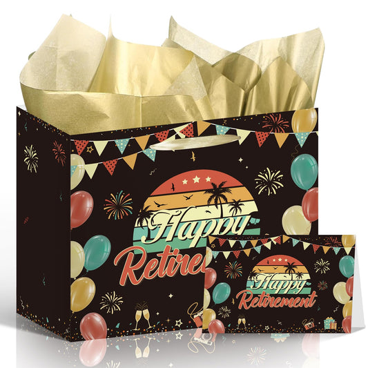Wxiben Happy Retirement Gift Bag - Vintage Retirement Gift Bag for Men Women Coworker, Retired Wrapping Party Bags with Handle Tissue Paper Greeting Card Farewell Going Away Party Decorations Supplies