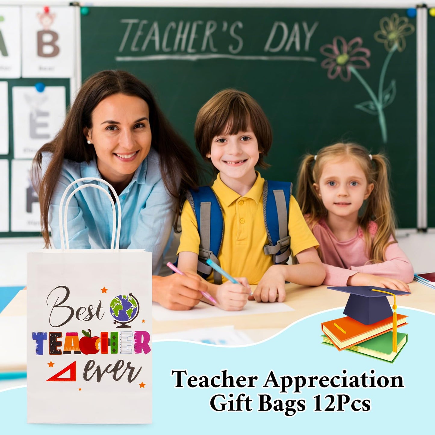 ZeffuLyne Teacher Appreciation Bags, 12Pcs Teacher Appreciation Gift Bags with Best Teacher Ever, Teachers' Day Back to School Party Favors Supplies
