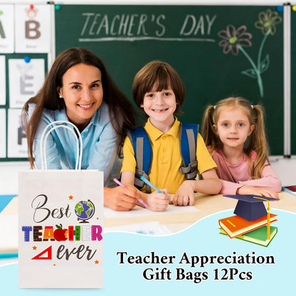 ZeffuLyne Teacher Appreciation Bags, 12Pcs Teacher Appreciation Gift Bags with Best Teacher Ever, Teachers' Day Back to School Party Favors Supplies