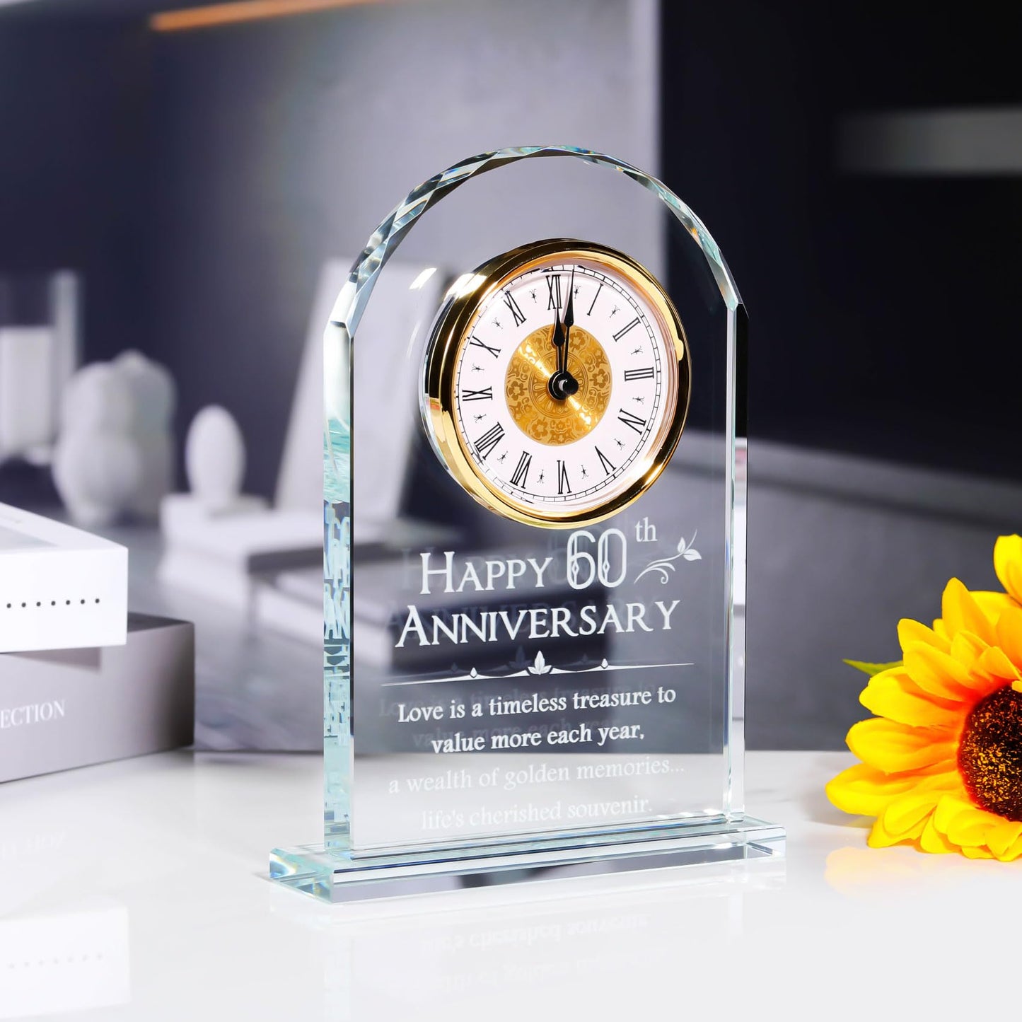 YWHL Happy 60th Anniversary Quartz Clock Gifts for Parents Grandparents, 60 Year Wedding Anniversary Glass Keepsakes Gifts for Couple, 60th Marriage Party Decorations (Battery not Included)