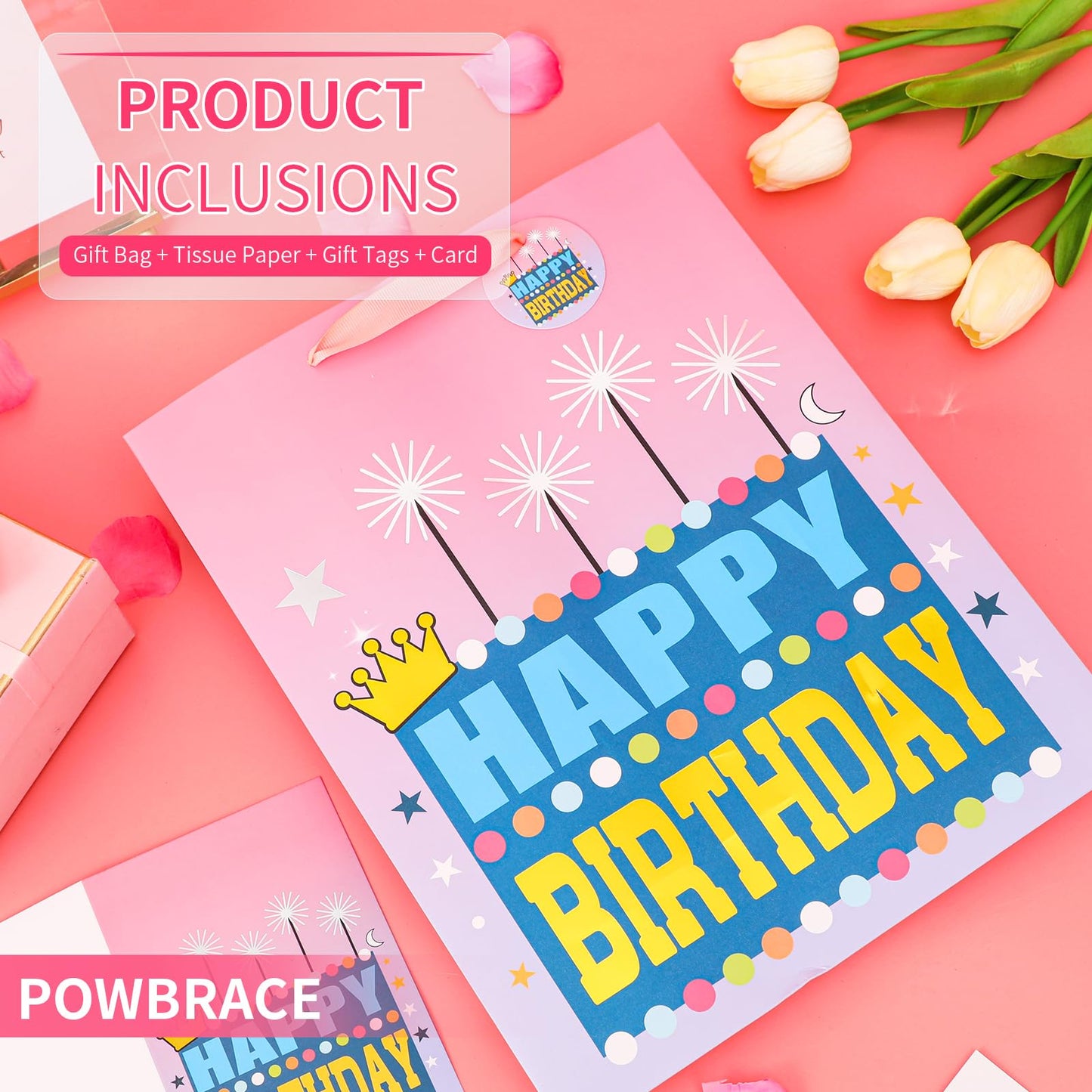Powbrace 13" Pink Happy Birthday Bag with Tissue Paper and Greeting Card for Party, Happy Birthday Gift Bag for Girls, Kids, Women,Gift Bags Medium size(1 PCS Pink, Gift Bag)