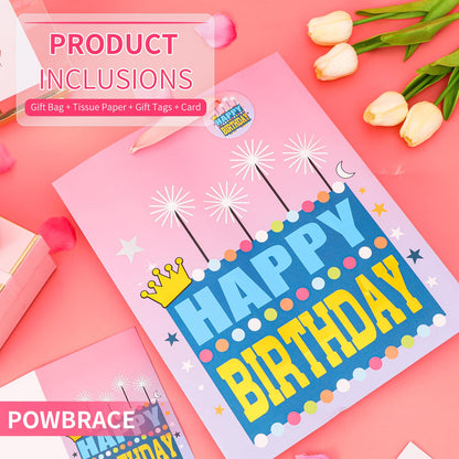 Powbrace 13" Pink Happy Birthday Bag with Tissue Paper and Greeting Card for Party, Happy Birthday Gift Bag for Girls, Kids, Women,Gift Bags Medium size(1 PCS Pink, Gift Bag)