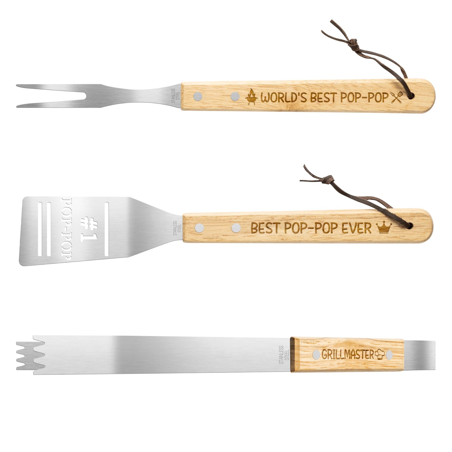 Haooryx Grandpa BBQ Grill Tool Accessory Set - 3Pcs Best Pop-Pop Ever Stainless Steel Grilling Tong Fork Spatula Grillmaster Grandpa Birthday Present Outdoor Housewarming Camping Holiday Party Supply