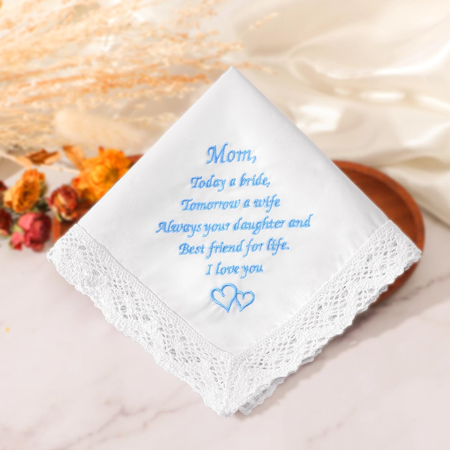 Wedding Handkerchiefs Something Blue for Bride, Mother Of The Bride Gifts Embroidered Lace Keepsake Bridal Hankies