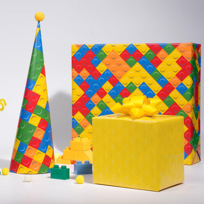 BIOBROWN Reversible Building Blocks Wrapping Paper for Boys Girls - 17 Inch X 33 Ft - Colorful Building Bricks Design Gift Wrap Paper for Kids Birthday Party Toy Lovers