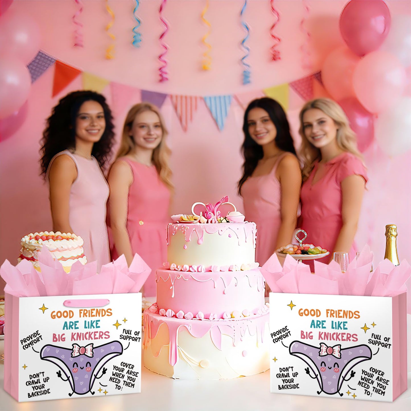 Loveinside 13" Large Funny Friendship Gift Bag, Good Friends Are Like Big Knickers Cute Cartoon Gift Bag with Tissue Paper for Best Friends, Women, Birthday, Galentine's Day, 13" x 5" x 10", 1 Pcs