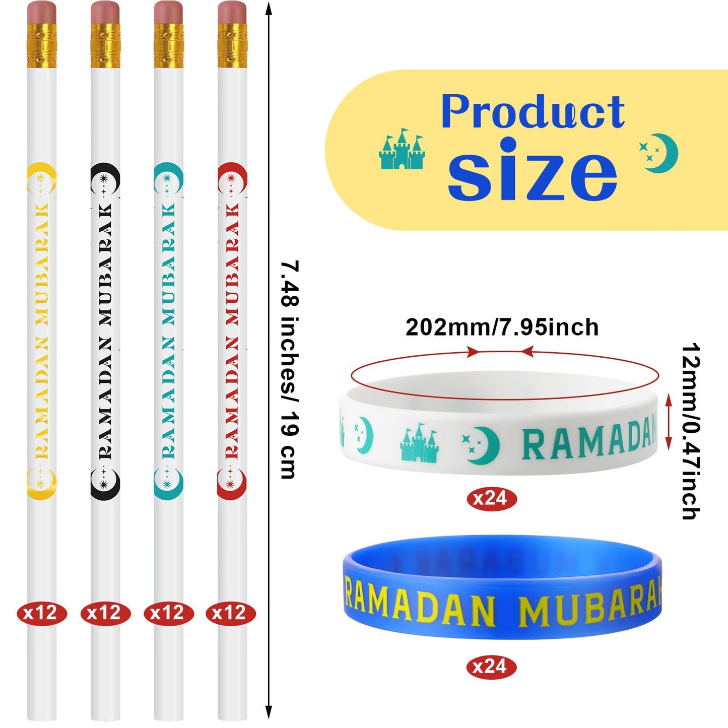 Mooliwe 496 Pcs Ramadan Gifts Eid Ramadan Pencil Wristband Sticker Set Including 48 Pencil 48 Wristband 400 Sticker for Mubarak Party Decorations Gifts(Classic)