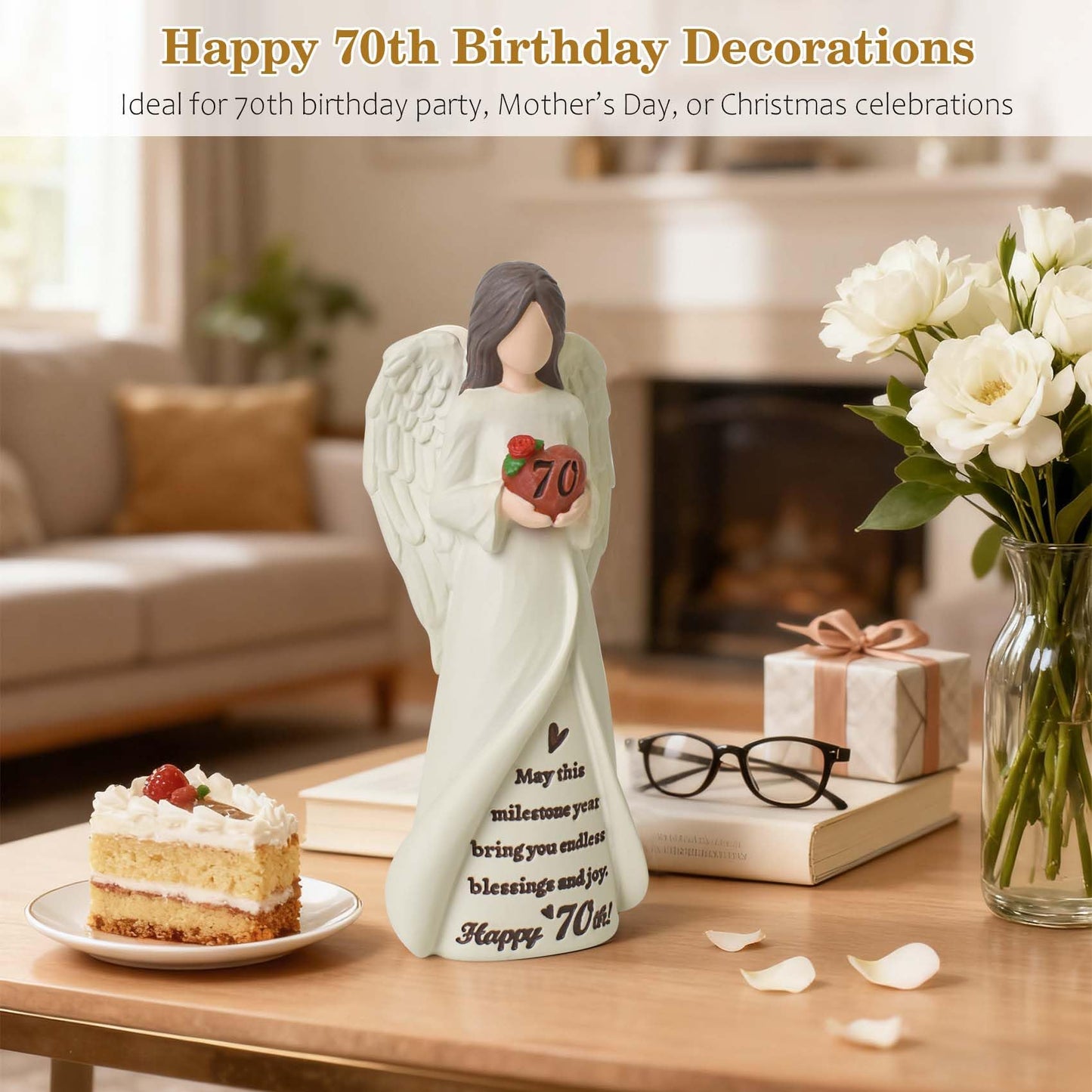 70th Birthday Gifts for Women, Happy 70th Birthday Decorations, Unique 70 Year Old Gifts for Woman Grandma Mom Sister Friends, Hand-Painted Angel Figurine for Home Party Decor