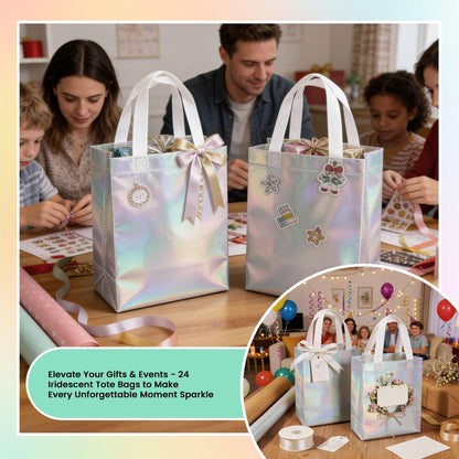 24 Pack Holographic Gift Bags With White Handles Non Woven Reusable Handled Gift Bags Iridescent Tote Bags Glossy Welcome Bags for Shopping Birthday Party Wedding, 8 x 4 x 10 Inch