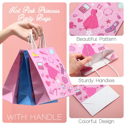 Dansydaisy 24 Pcs Hot Pink Goodie Bags Princess Gift Princess Party Favor Cute Candy Treat Bags with Handles for Birthday Party Favor Supplies Decorations