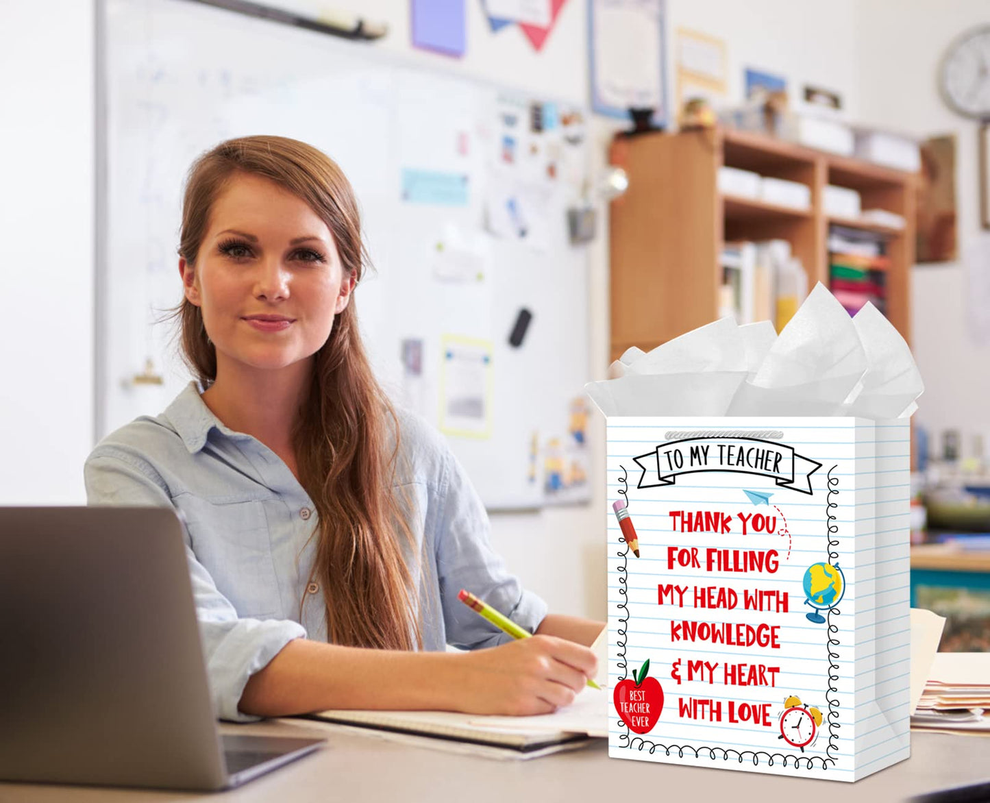 PETCEE Teacher Appreciation Gift Bags - 11.5" Teacher Gift Bags with Tissue Paper Thank You Teacher End of Year Gifts for Retirement Teachers Graduation Wrapping Paper Bag for Teachers Women Men