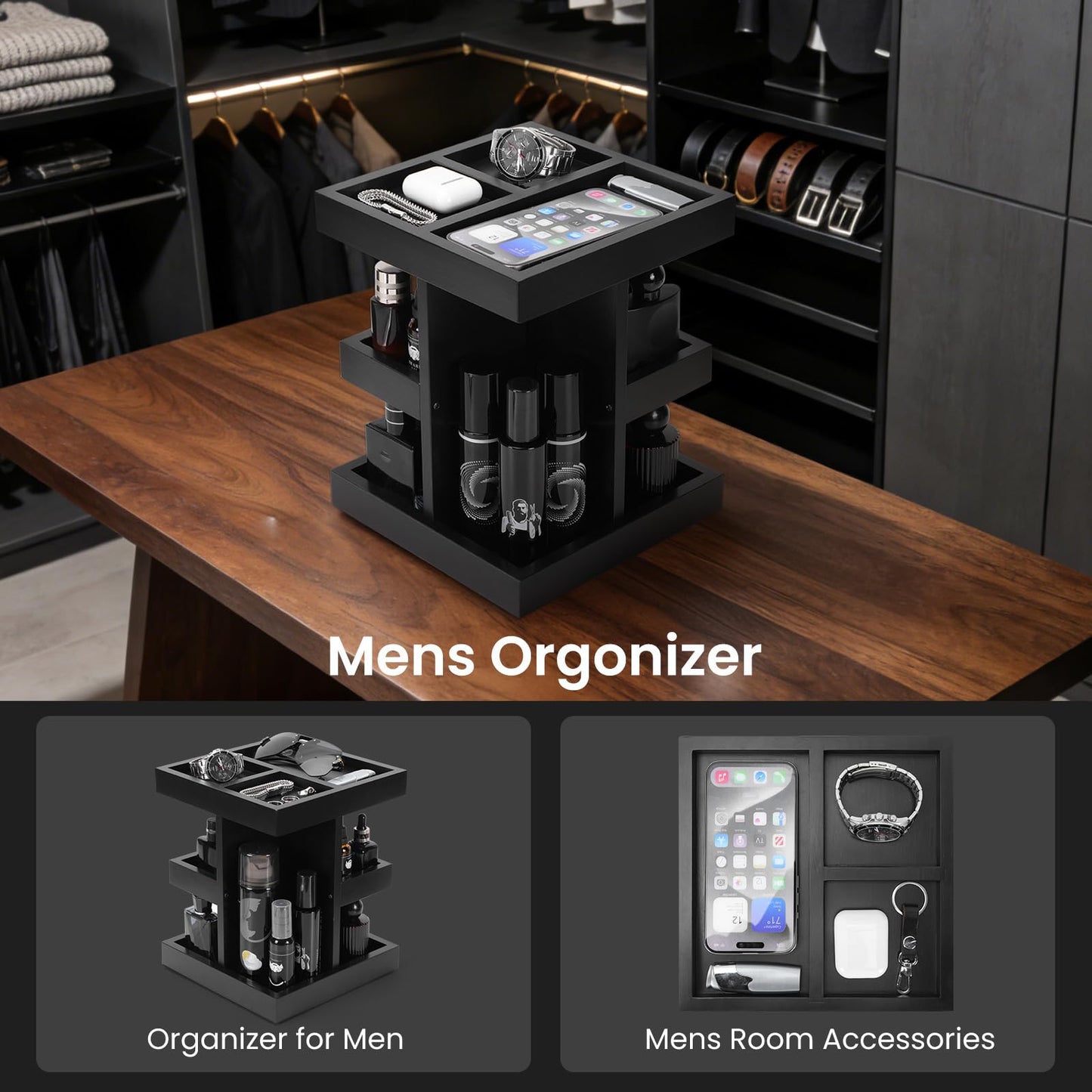 Gift for Men,Mens Organizer,Cologne Stand with Rotate,Mens Accessory Organizers or Valet Tray,Birthday Gift for Dad,Husband,Boyfriend,Anniversary Idea for Him,Watch,Perfume Holder,Fathers Day Gift