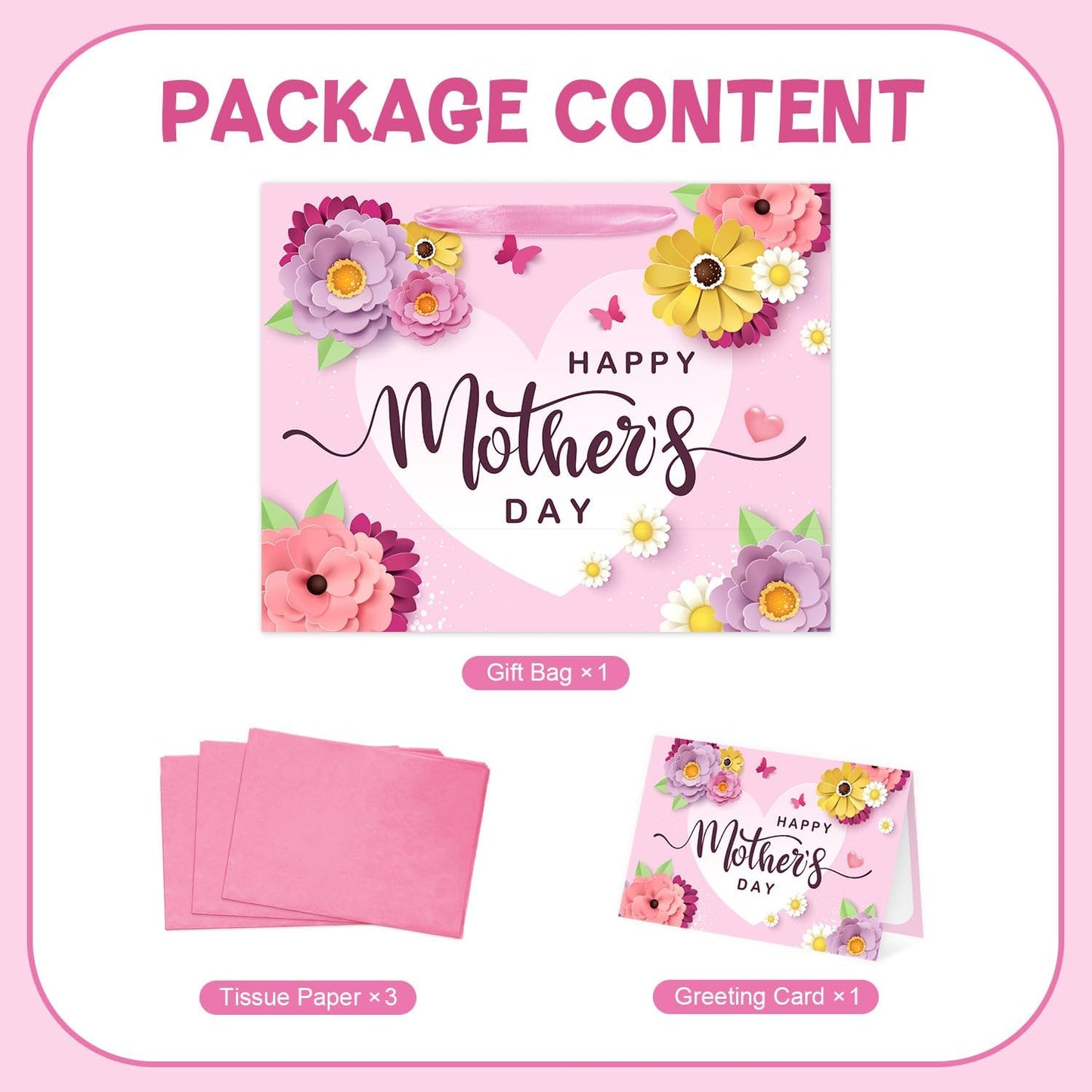 13" Happy Mother's Day Gift Bag with Card and Tissue Paper Large Pink Floral Mom's Party Paper Gift Bag Mom Present Bags with Handle Mother Parties Bags for Happy Mothers Day Party Decorations 1Pcs