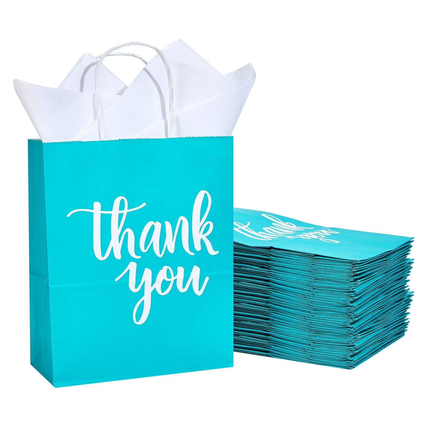 DjinnGlory 50 Pack Medium Sized Teal Blue Gift Bags Thank You Paper Bags with Handles 10''x8''x4'' and 50 White Tissue Paper for Small Business Shopping, Wedding Baby Shower Party Favors (Teal)
