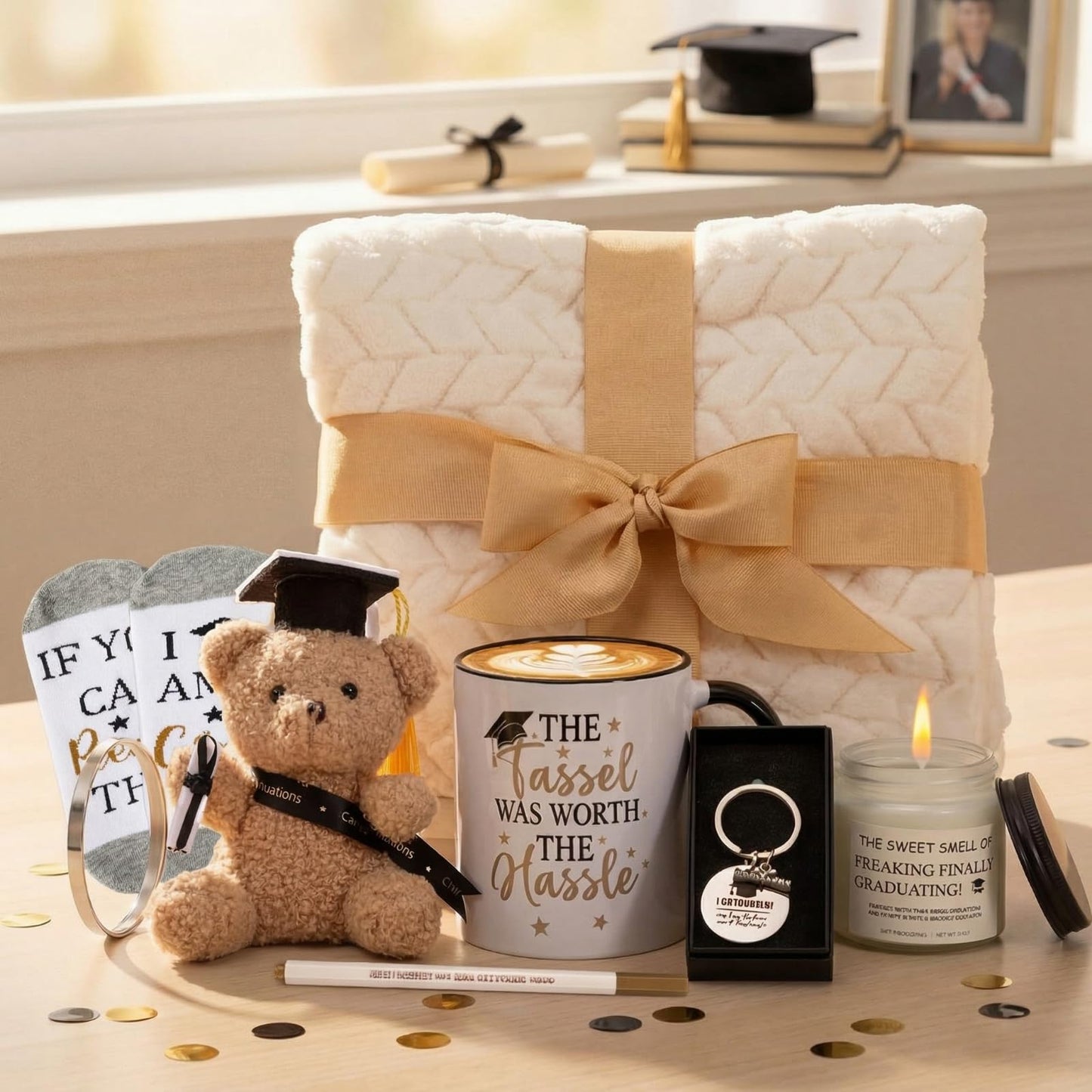 Zopeal 11 Pcs Graduation Gift for Her Him 2026, Congrats Grad Gift Basket for College or High School,Graduation Set with Mug, Candle, Blanket, Socks, Bracelet, Keychain, Banner, Bear (White)
