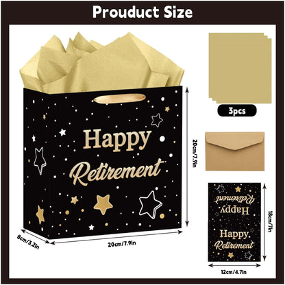 ONANNA Small Retirement Gift Bag with Tissue Paper and Greeting Card 7" Retired Gifts Wrapping Bag for Women Men Coworker Teacher, Black Gold Retirement Party Decorations Supplies