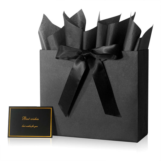 Elegant Black Gift Bag 11.8"x4.5"x9.8" with Ribbons Handles, Includes Card and Tissue for Weddings, Birthdays, Baby Shower Parties, Holidays