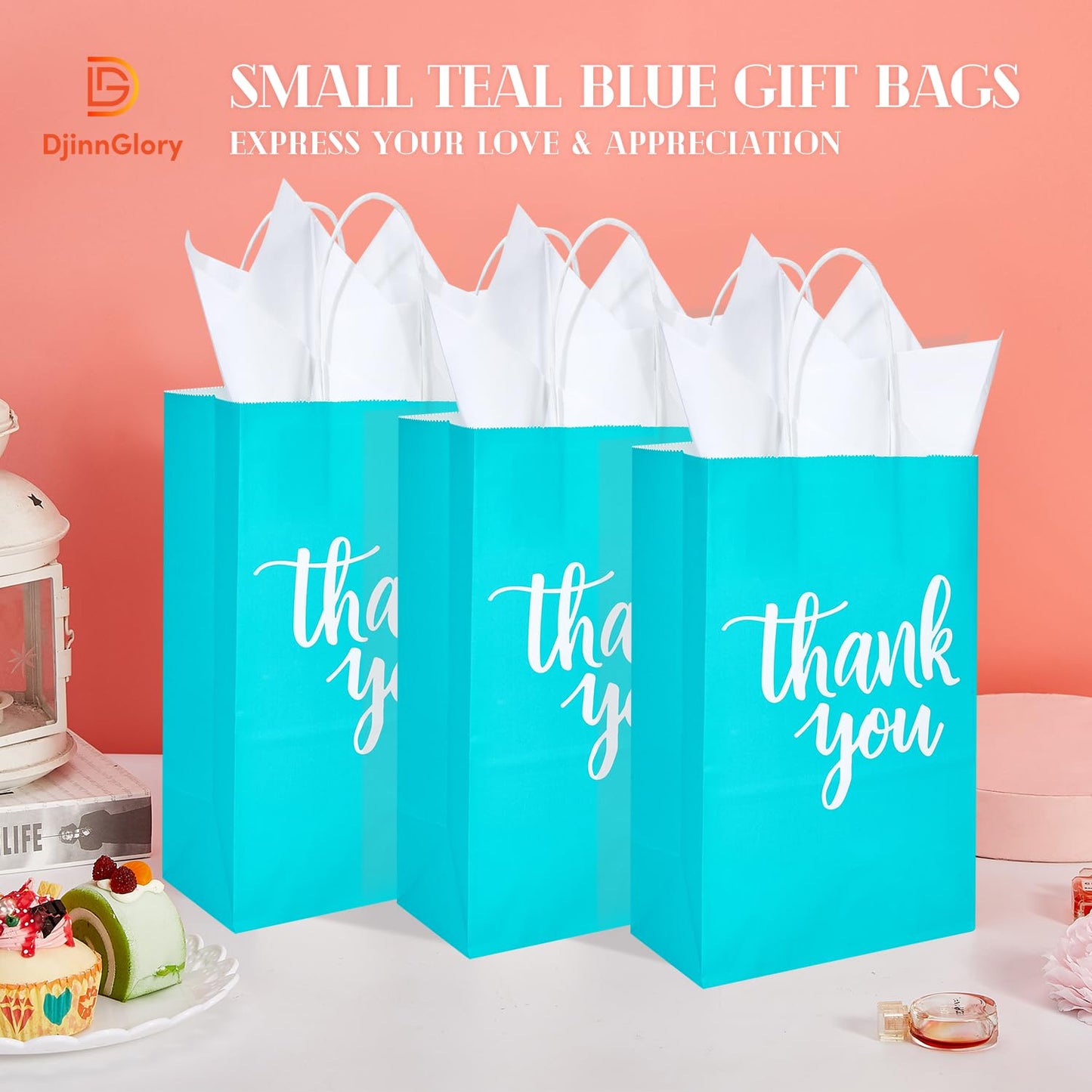 DjinnGlory 50 Pack Small Teal Blue Paper Bags with Handles 9x5.5x3.15 Inch and 50 White Tissue Paper, Thank You Gift Bags for Business Wedding Baby Shower Birthday Party Goodies