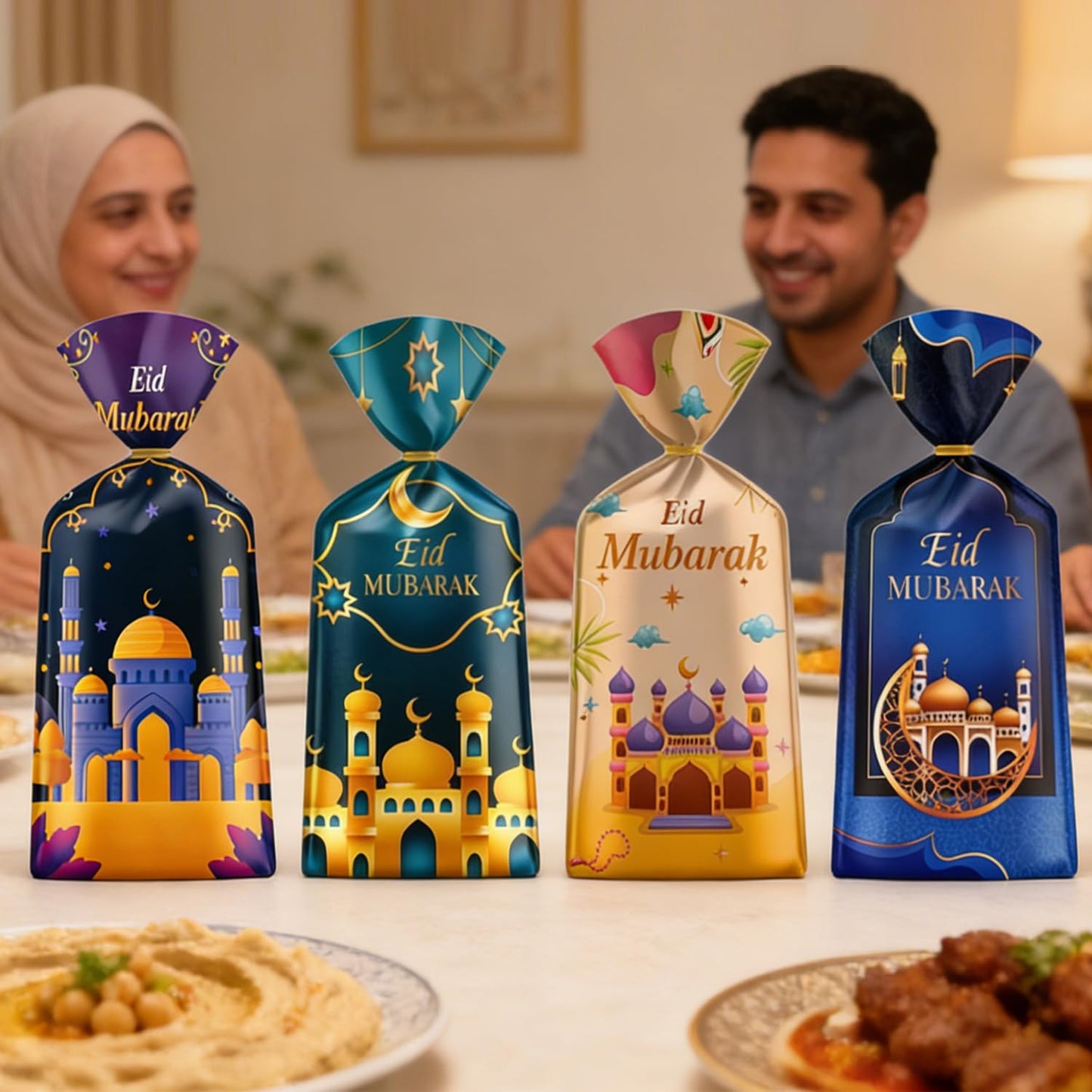 100 Pcs Eid Mubarak Cellophane Bags 4 Styles Ramadan Cello Bag Moon Star Castle Candy Bags with Twist Ties Multi-Color Treat Gift Bag for Goodies Ramadan Festival Party Favor