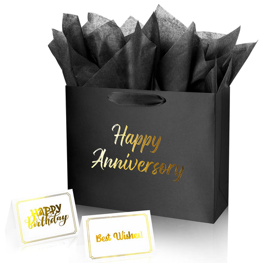 Linelglobal Black Anniversary Bag for Gift with Tissue Paper Silky for Women Men Boutique 13"
