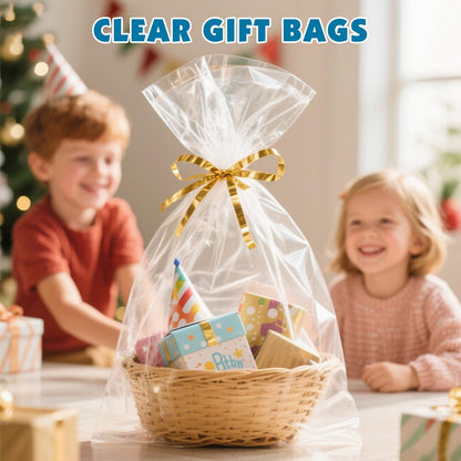 NUITPY 40 Pcs Cellophane Bags, 16 x 24 Inchs Cellophane Wrap for Gift Baskets, Durable Cellophane Gift Bag, Clear Basket Bag - Complimentary 40 Pcs Golden Twist Ties
