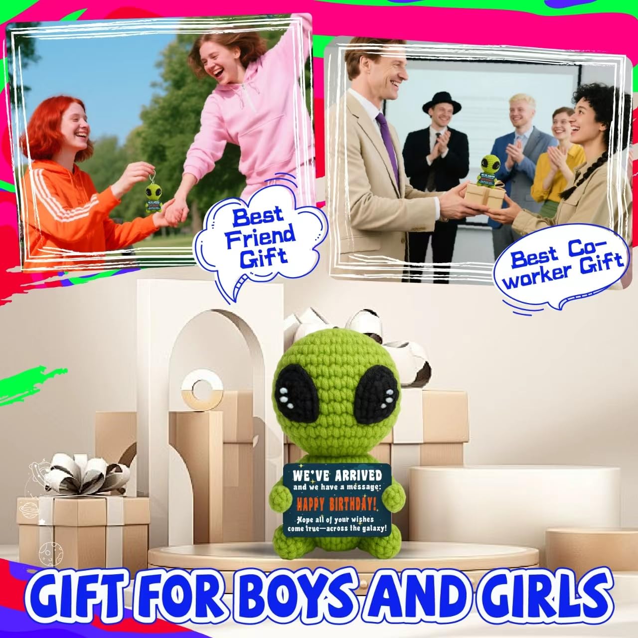 Cool Crochet Alien Unique Birthday Gifts for Him Her Man Women Friends Handmade Positive Alien Funny Space Theme 18th 21th Birhtday Gift for Sci-Fi Fans