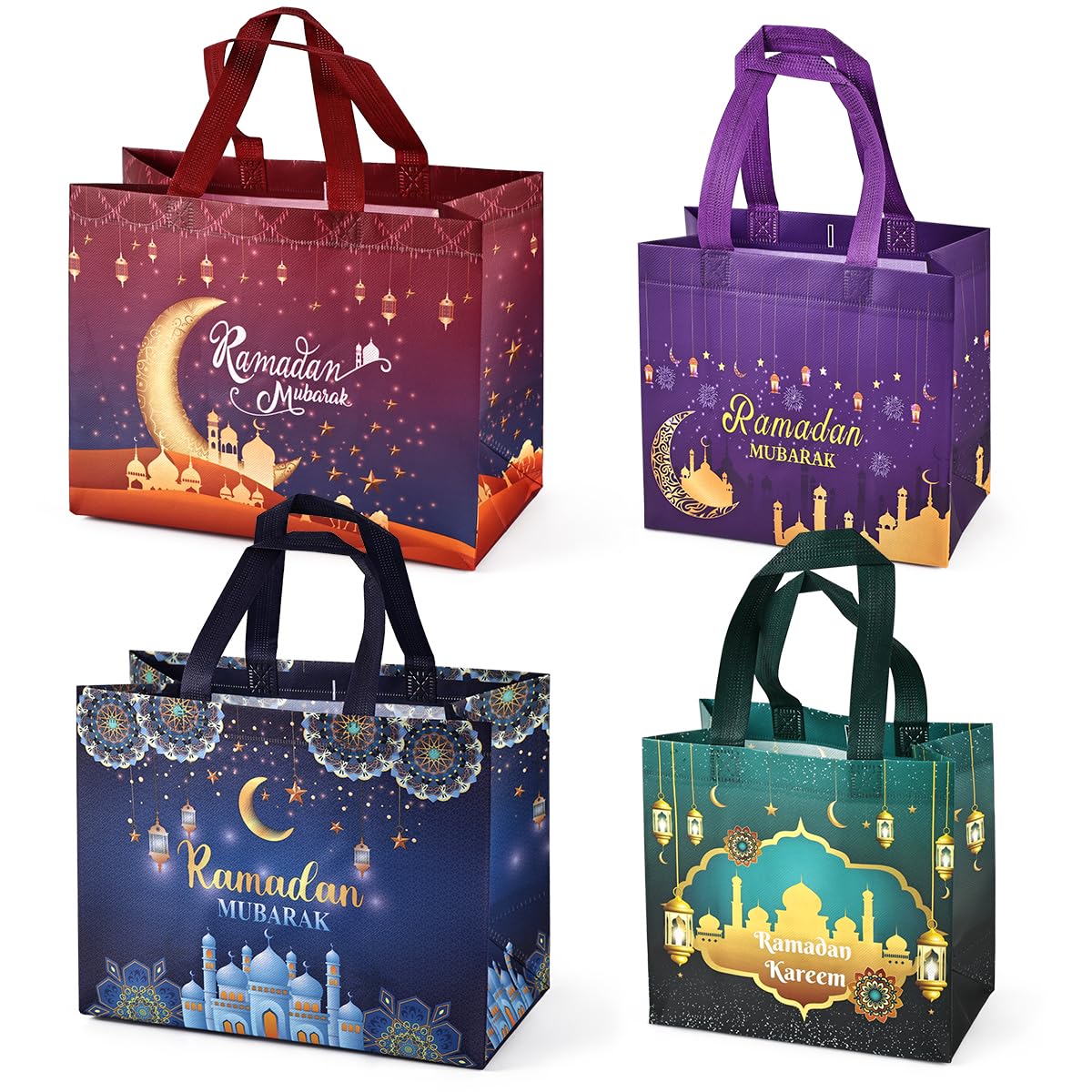4PCS Ramadan Mubarak Reusable Gift Bags, Treat Bags with Handles, Assorted Sizes Ramadan Mubarak Party Bags, Multifunctional Non-Woven Ramadan Bags for Gifts Wrapping, Ramadan Kareem Party Supplies