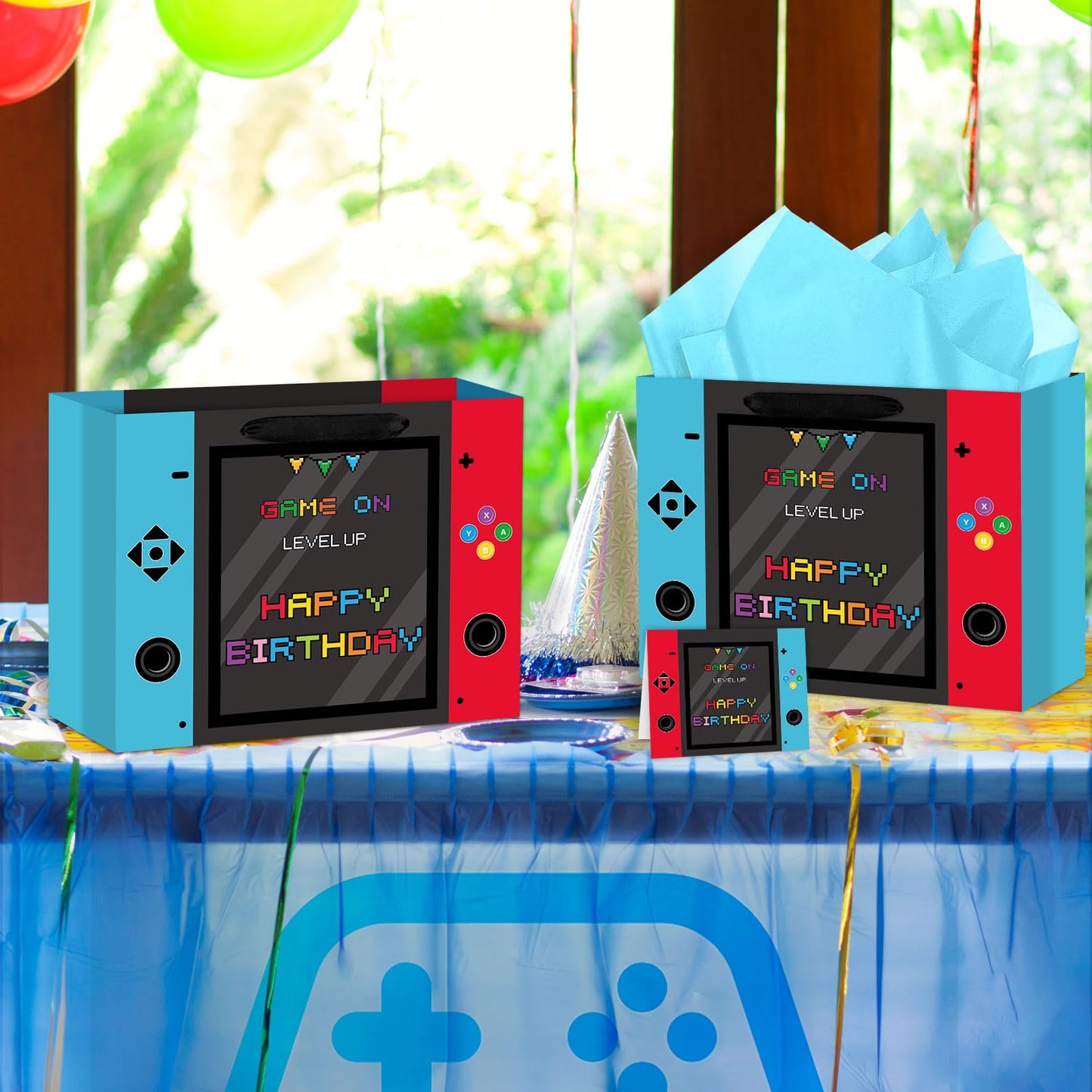 Abilat Large Video Game Birthday Gift Bag with Tissue Paper and Greeting Card Happy Birthday Gift Wrapping Bag for Boys Kids Gaming Theme Game Night Party Decorations