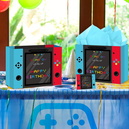 Abilat Large Video Game Birthday Gift Bag with Tissue Paper and Greeting Card Happy Birthday Gift Wrapping Bag for Boys Kids Gaming Theme Game Night Party Decorations