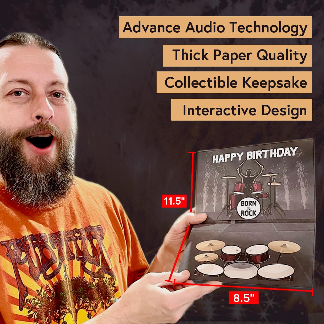 Interactive Music Birthday Card - Playable Musical Birthday Cards for Men, Unique Gift for Guitar Players, Drummers & Pianist, Musician Friends & Son, Musical Instrument Touch to Play (Drums)