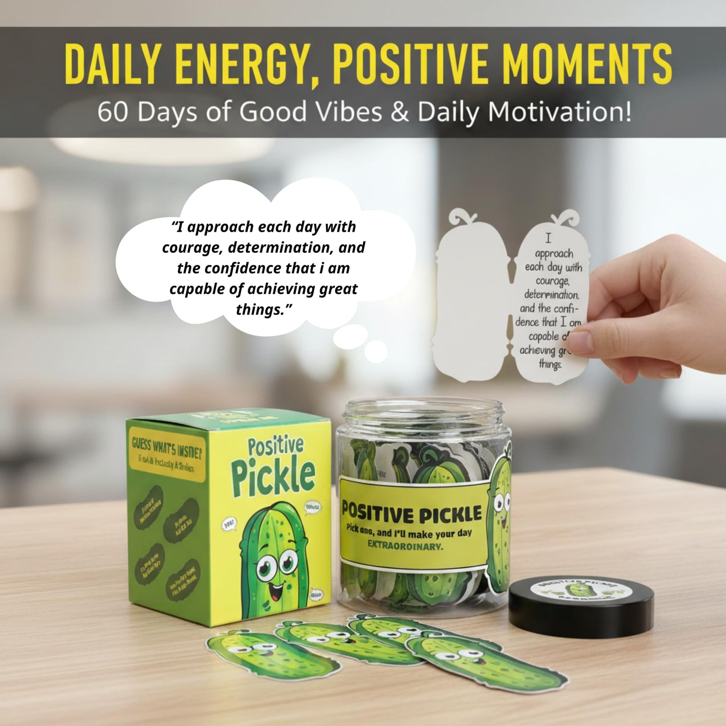DEARMINE 60 Positive Pickle Cards Jar, Graduation Gifts, Mothers Day Birthday Gifts for Mom, Women, Coworkers, Adults, Teachers, Friends, Teen Boys, Teen Girl Gifts Trendy Stuff