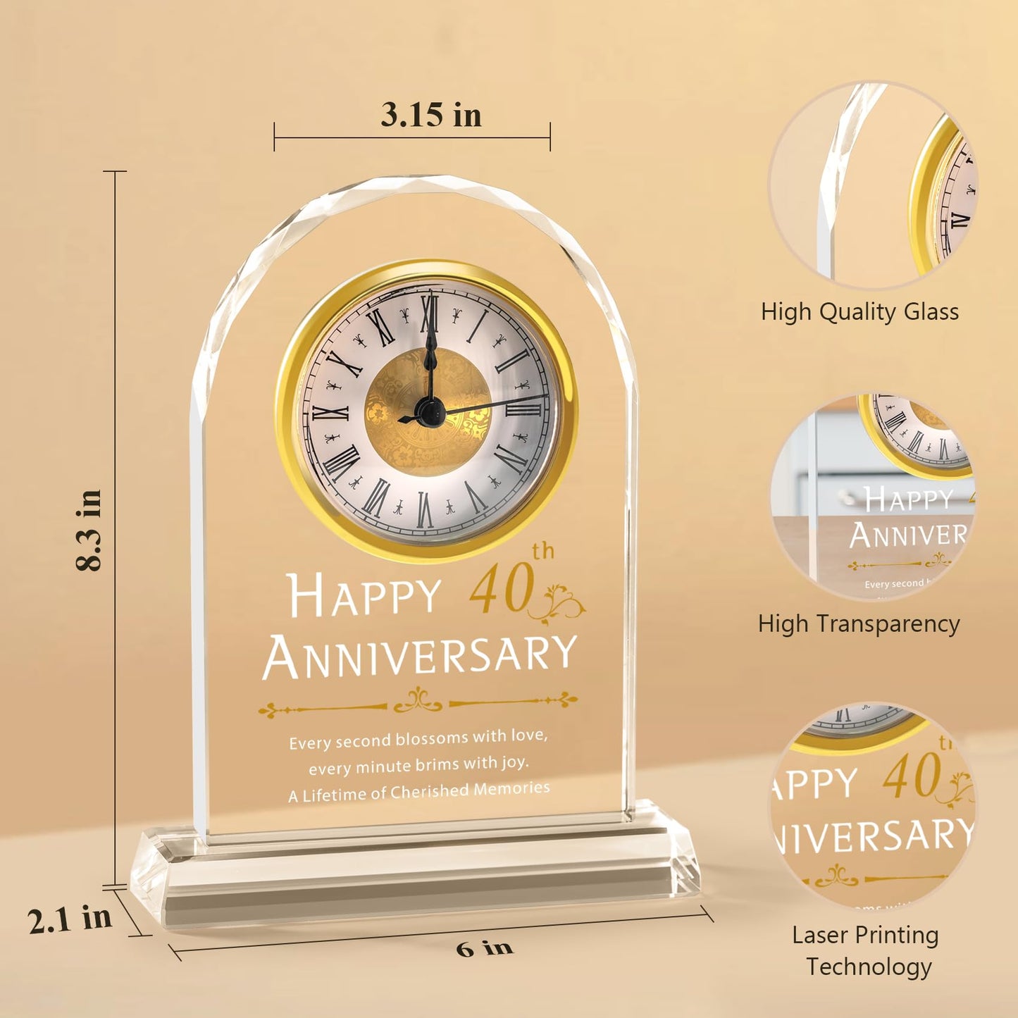 40th Anniversary Wedding Gifts Crystal Clock Gifts For Wife Husband,Laser Engraved 40th Anniversary Wedding Crystal Keepsake Gift For Couple Parents,40th Anniversary Quartz Clock Decorations For Home