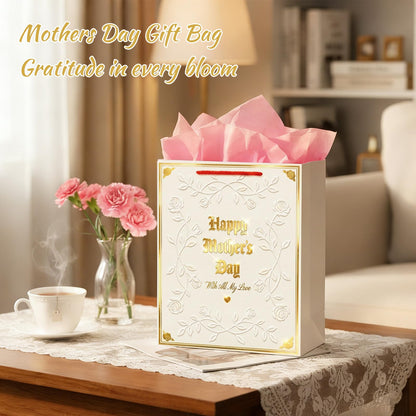 D4DREAM Mothers Day Gift Bag - 11.5'' Medium Happy Mother's Day Paper Gift Bag with Tissue Paper and Handles Elegant Embossed Rose Gift Wrap Bag for Mom Nana Grandma Wife Sister