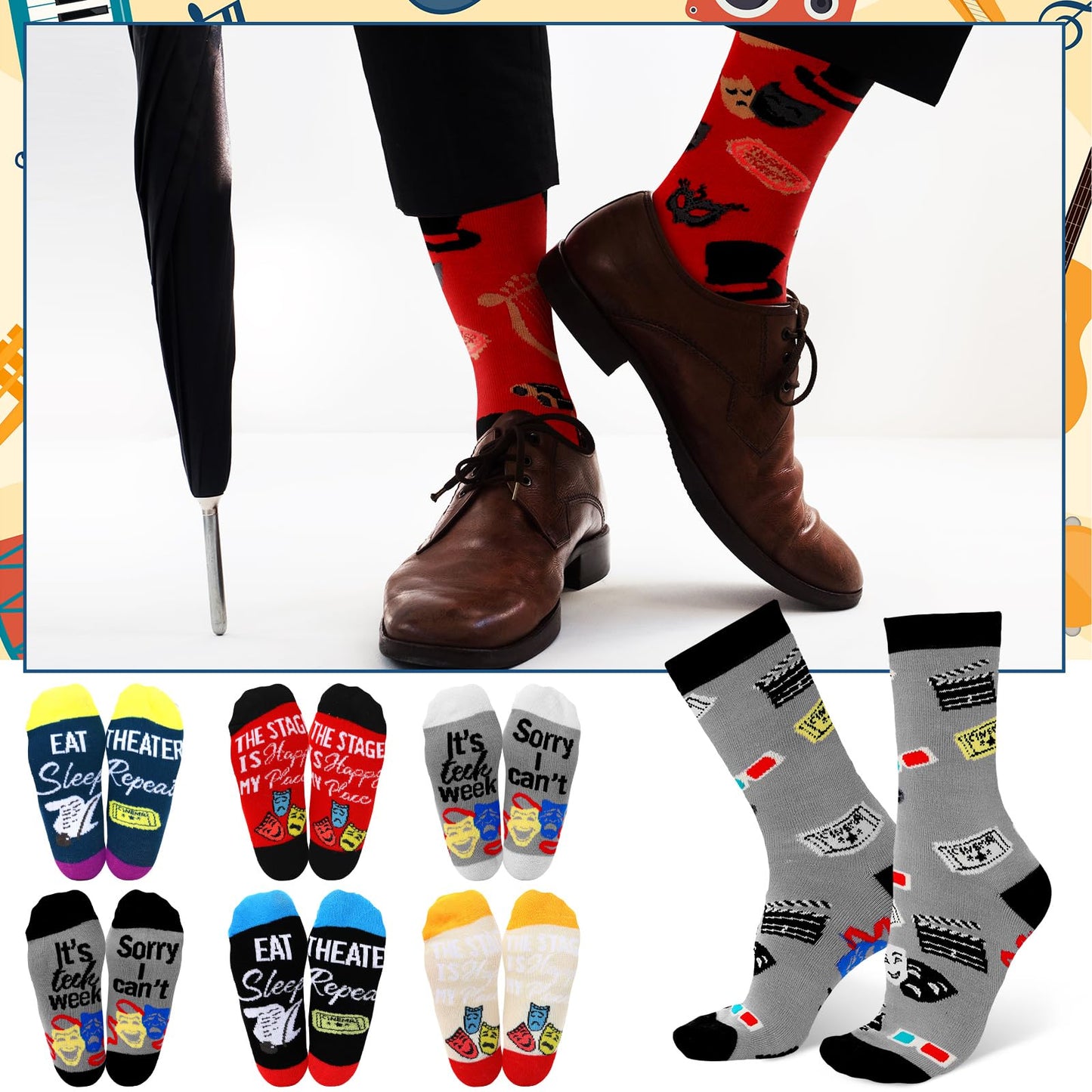 Glitopper 6 Pairs Funny Theatre Socks for Men Women Gifts Clothing Broadway Musical Theater Lover Gifts Drama Socks