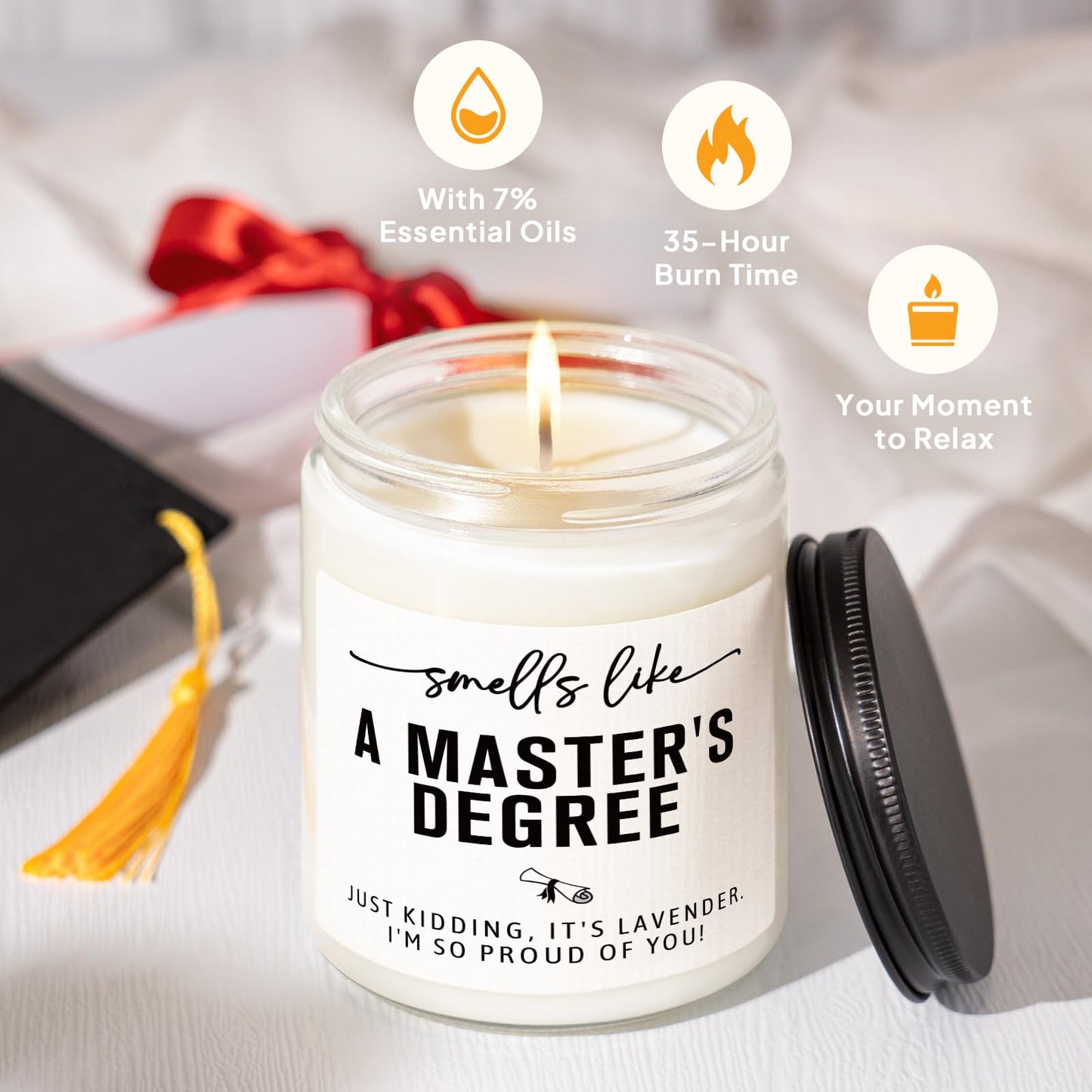 Masters Degree Graduation Gifts- Funny Masters Degree Candle with Mortarboard- Graduation Gift for Her/Him/Graduates, Grad Gift for Women/Men, Lavender, Soy Wax