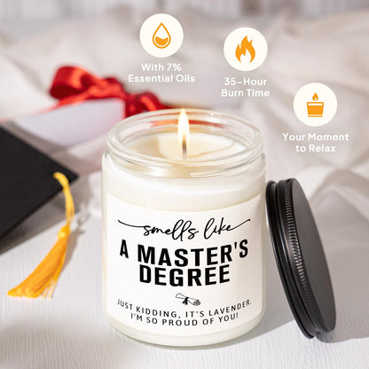 Masters Degree Graduation Gifts- Funny Masters Degree Candle with Mortarboard- Graduation Gift for Her/Him/Graduates, Grad Gift for Women/Men, Lavender, Soy Wax