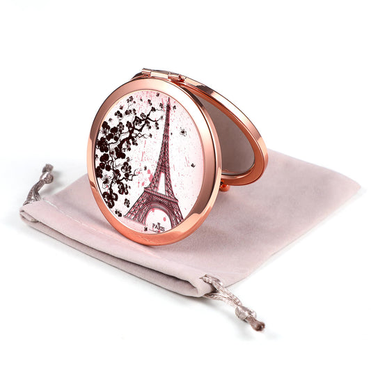 Compact Mirror Rose Gold Makeup Mirror Folding Mini Pocket Mirror Portable Hand Mirror Double-Sided 2 x 1x Magnification for Woman Girls (A-Eiffel Tower)