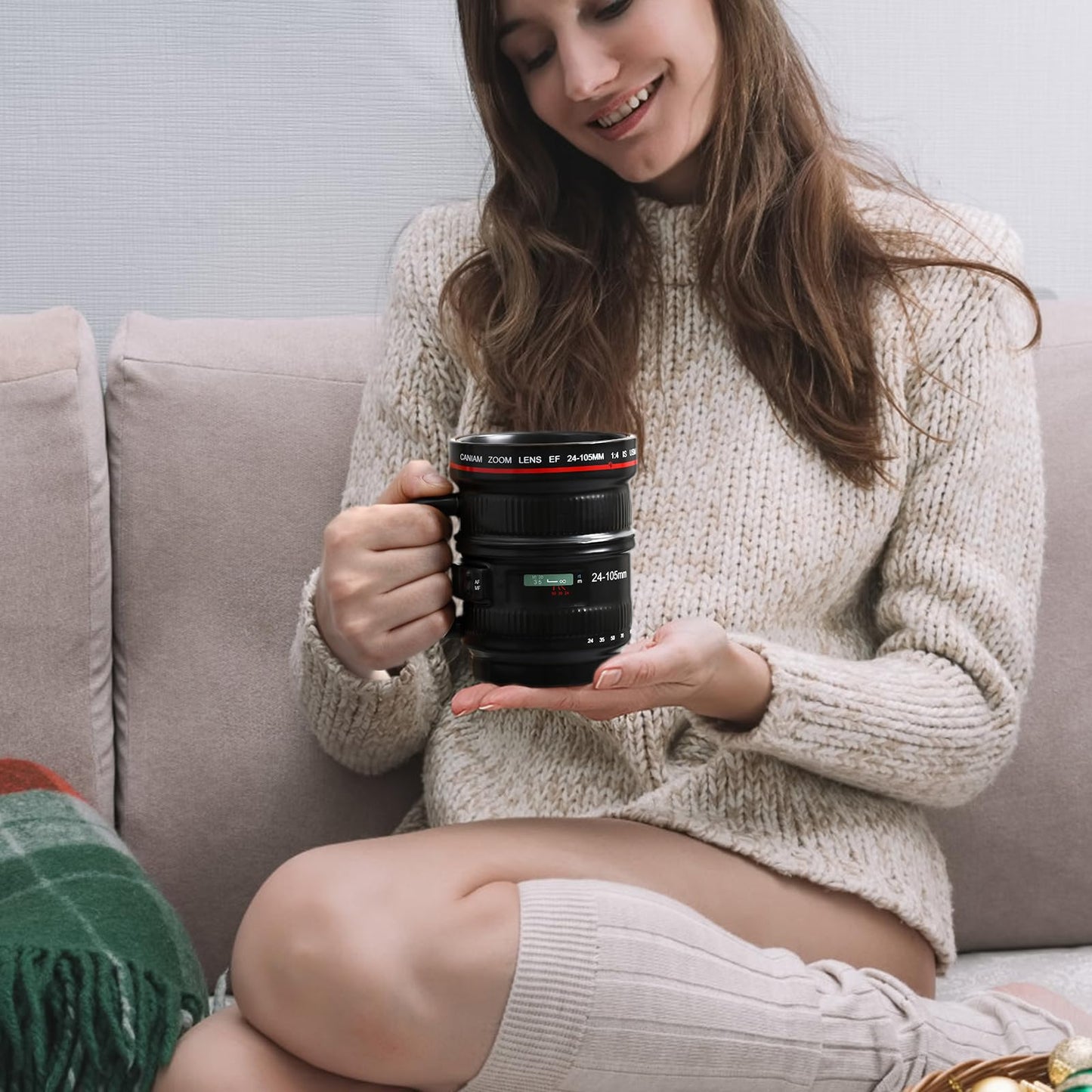Cabtnca 16Oz Camera Lens Coffee Mug, Cool Photography Gifts for Photographers Christmas, Funny Ceramic Coffee Mug with Lid and Handle